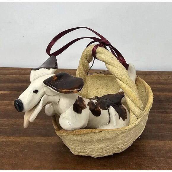 Handmade Other - Vtg Artisan Pottery Whimsical Dachshund In A Basket Ornament Claire Barr Wilson